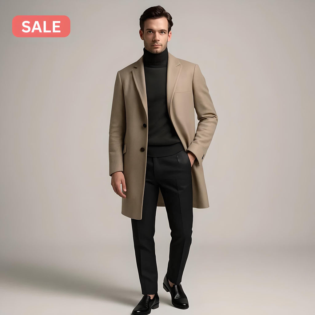 Men's beige wool overcoat with black turtleneck and tailored trousers – elegant winter outfit featured in seasonal sale collection