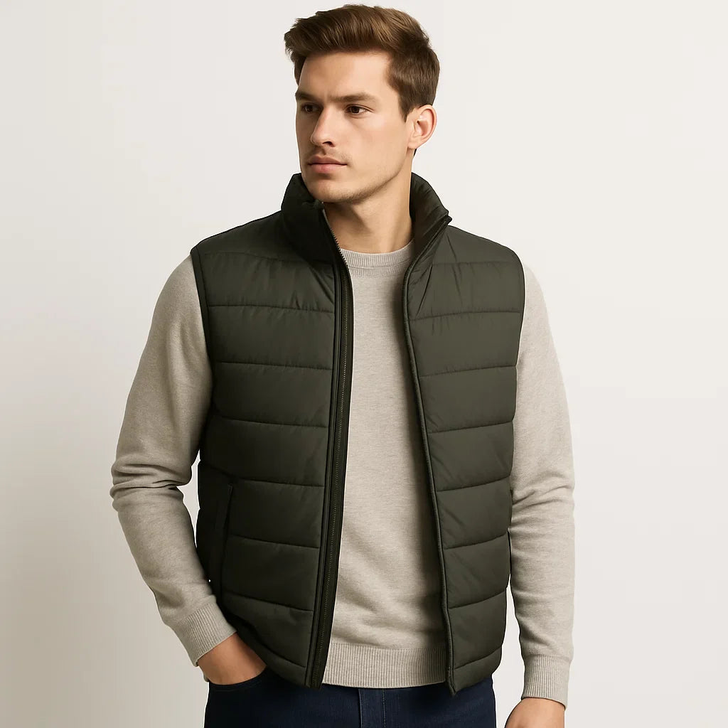 Men's dark green padded body warmer vest with zip closure – sleeveless layering piece for casual and outdoor wear