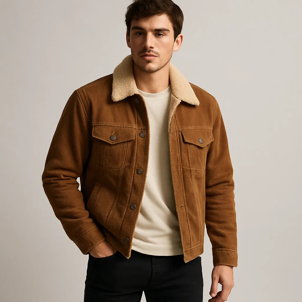 Men's brown sherpa-lined jacket with flap pockets and button closure – warm casual outerwear for fall and winter wear