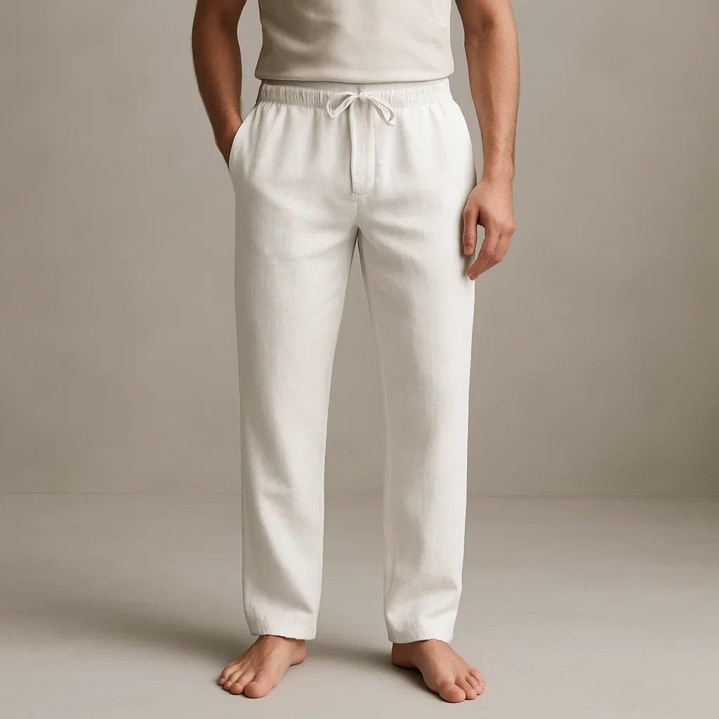 Men's off-white drawstring long pants with relaxed fit – lightweight casual trousers for lounge, summer or daily wear