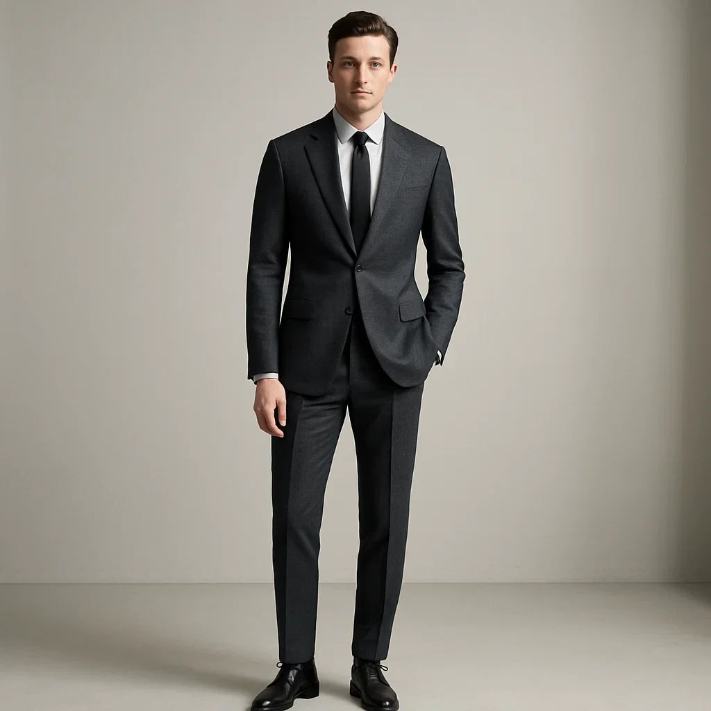 Men's dark grey tailored two-piece suit with notch lapel and black tie – formal businesswear for professional or special occasions