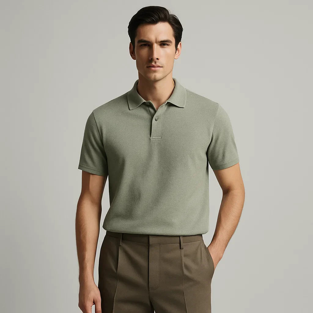 Men's sage green short-sleeve polo shirt with button placket – classic lightweight top for smart casual summer outfits