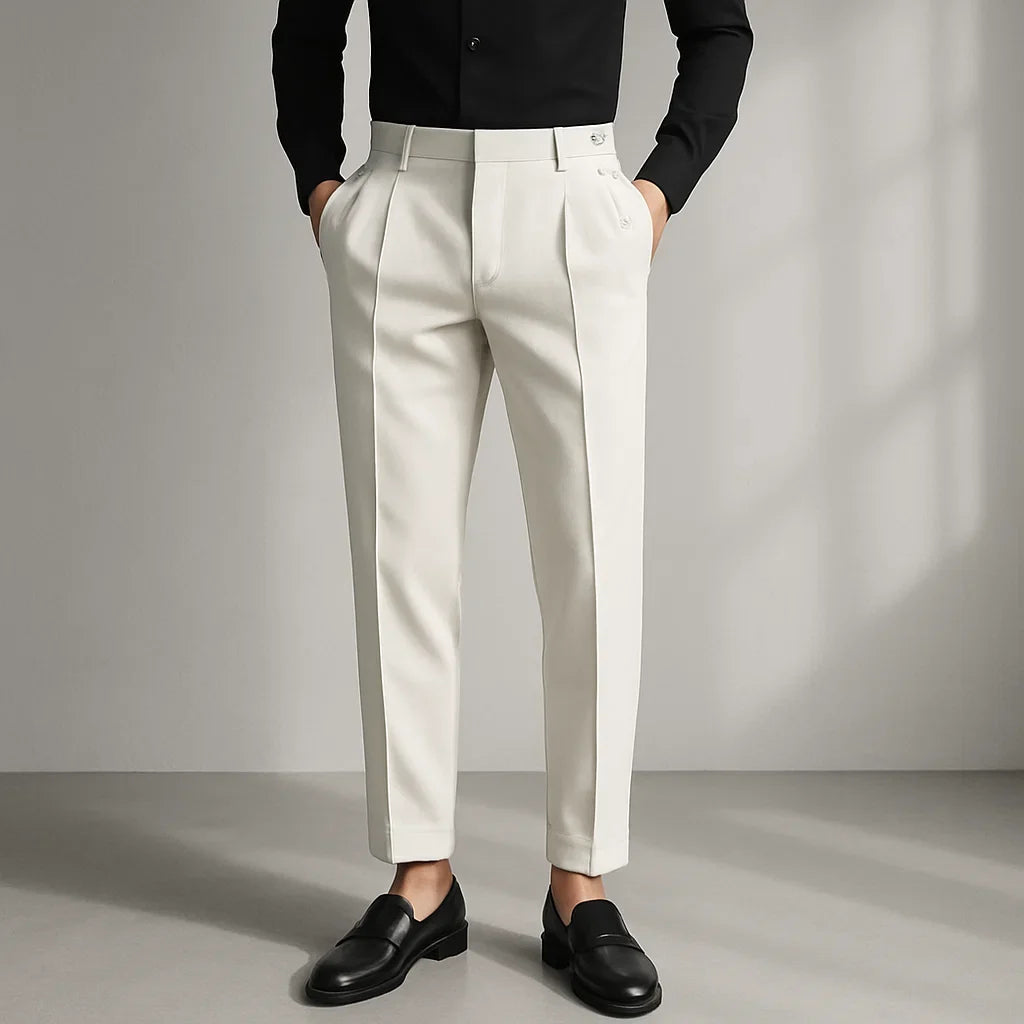 Men's ivory pleated trousers with tailored fit and cropped length – formal smart pants for office or elegant occasions