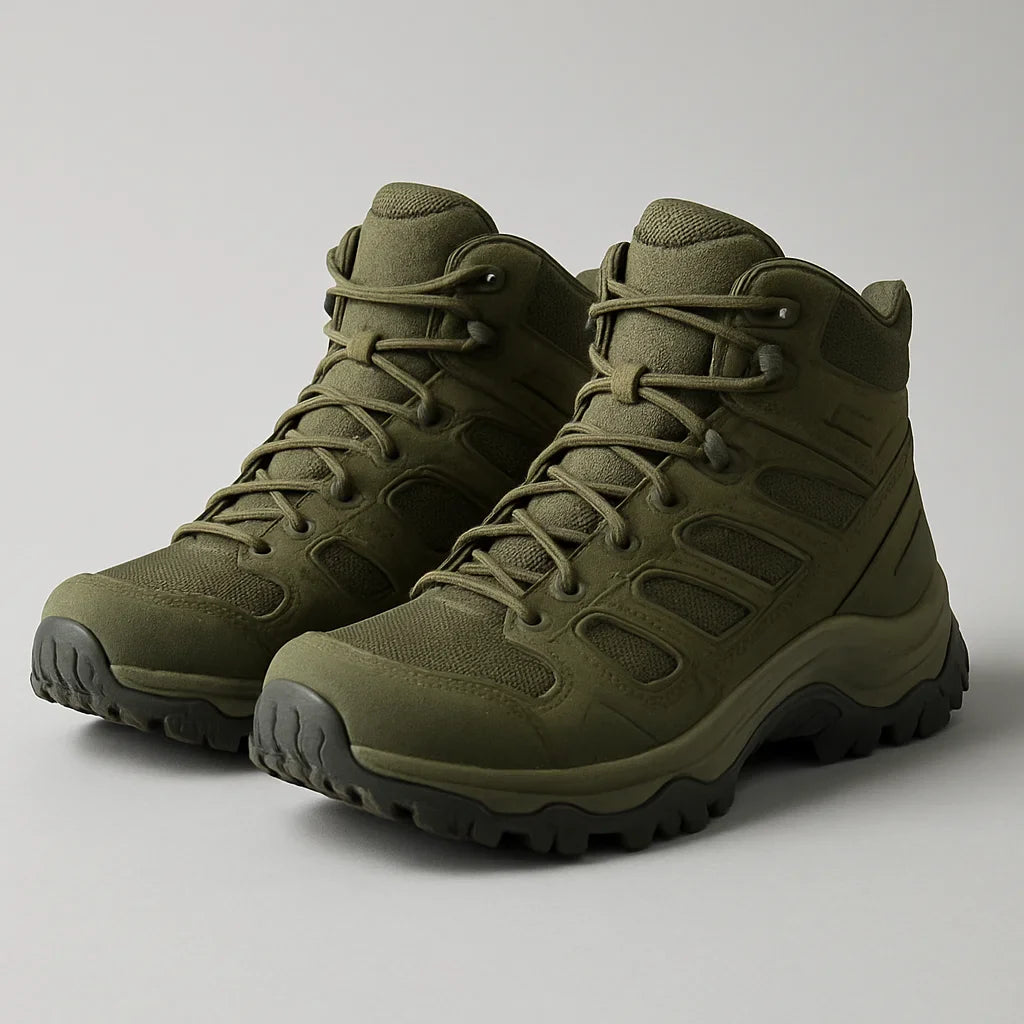 Men's olive green lace-up hiking boots with rugged sole – durable outdoor footwear for trekking, adventure and trail wear