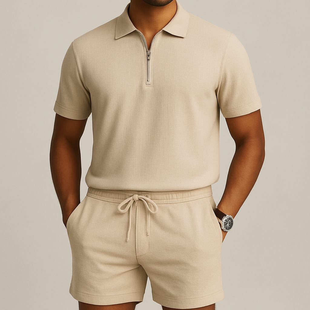 Men's beige short-sleeve zip polo and drawstring shorts set – coordinated summer outfit for casual and leisurewear collections
