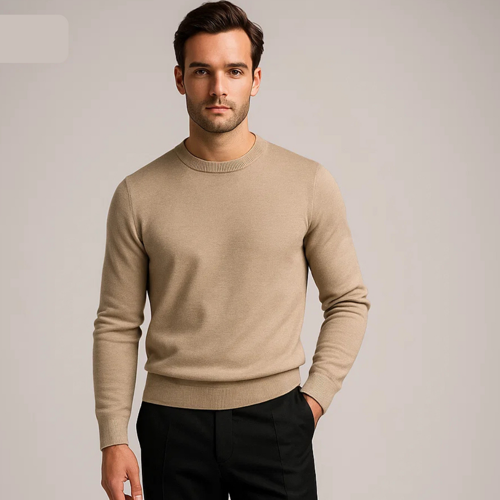 Men's beige crew neck knit sweater with ribbed cuffs and hem – lightweight casual pullover for layering or standalone wear