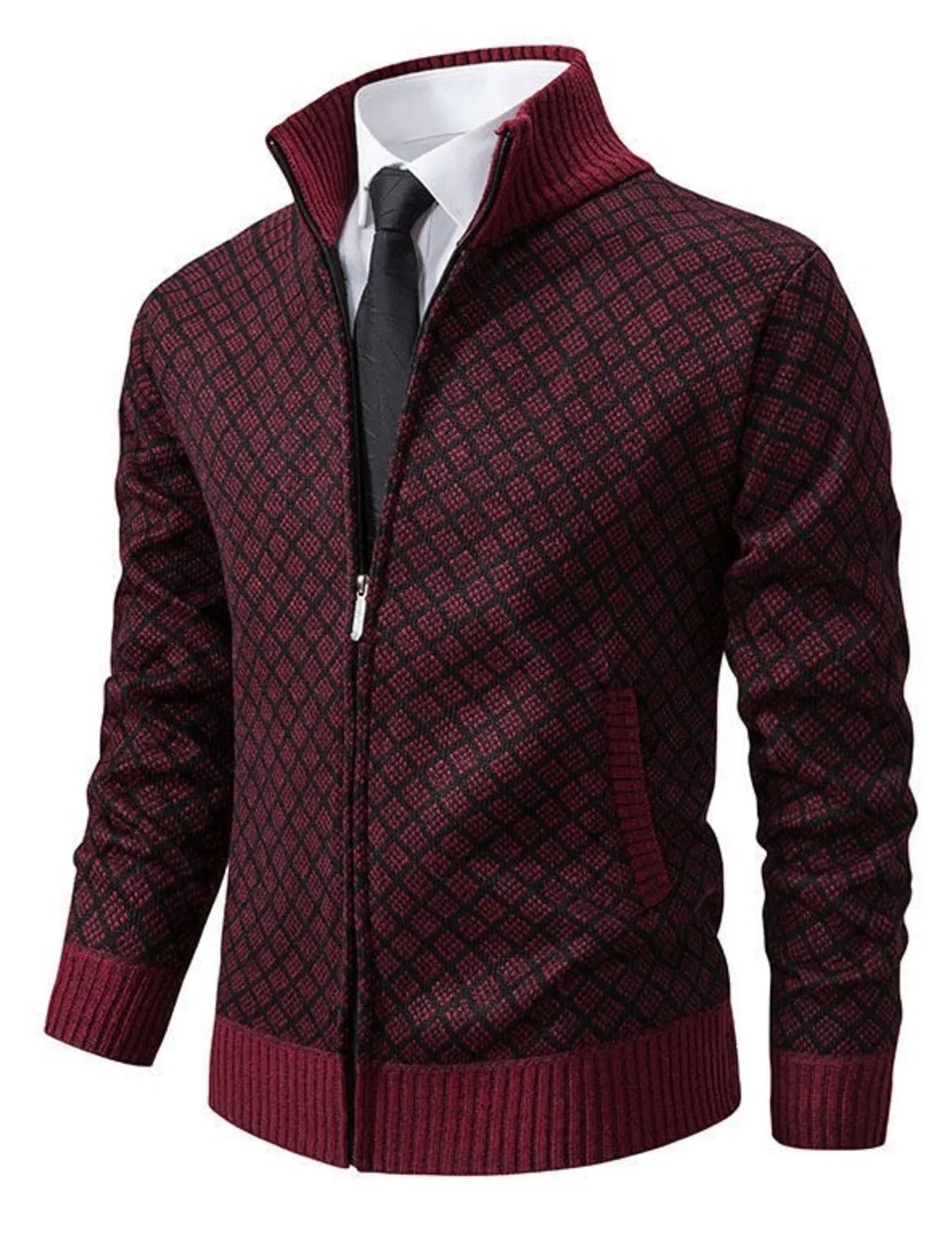 Perugia men's geometric-knit full-zip cardigan detail view