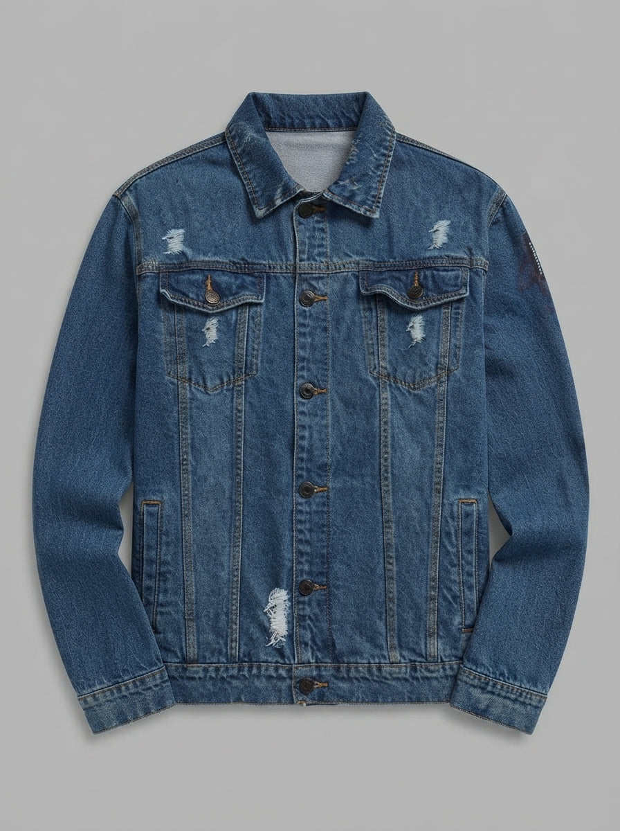 A blue distressed denim jacket with button-front closure, two chest flap pockets, and ripped details, shown flat against a solid gray background.