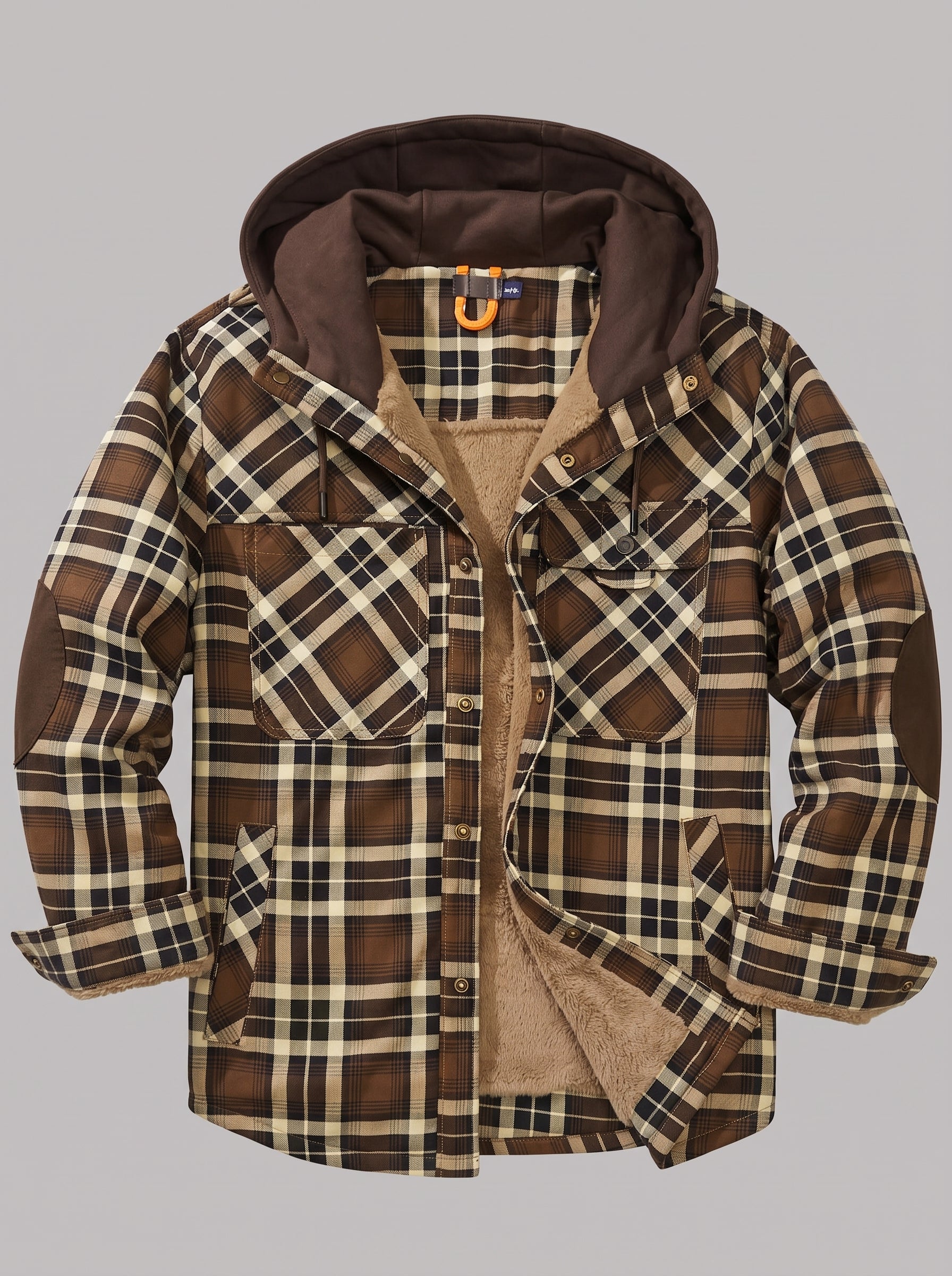 A brown and beige plaid hooded button-up shirt jacket with a soft tan fleece lining, displayed against a solid gray background.