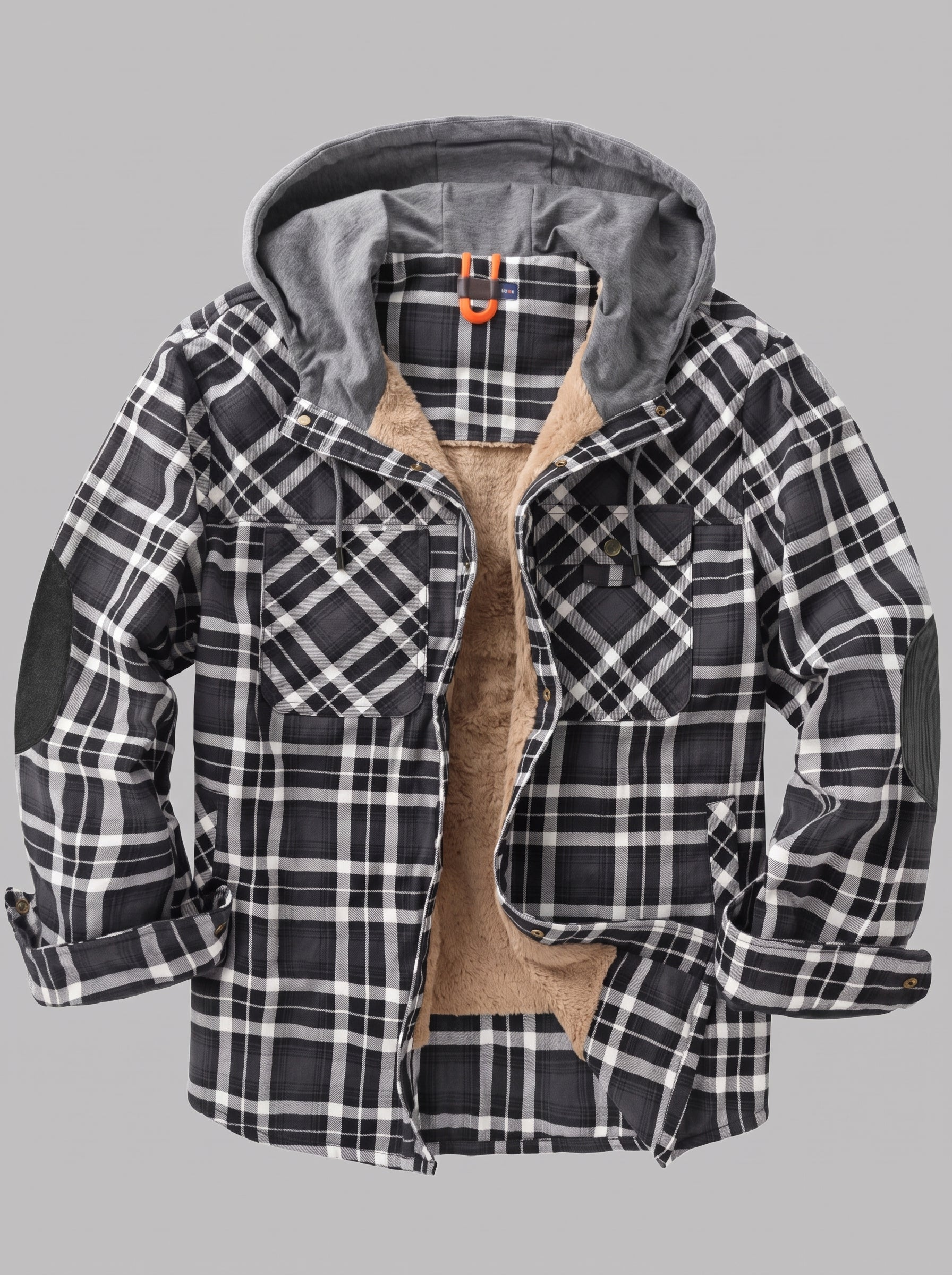 A hooded plaid jacket with a black, white, and gray check pattern, featuring a soft tan fleece lining and dark gray shoulder panels, shown against a solid gray background.