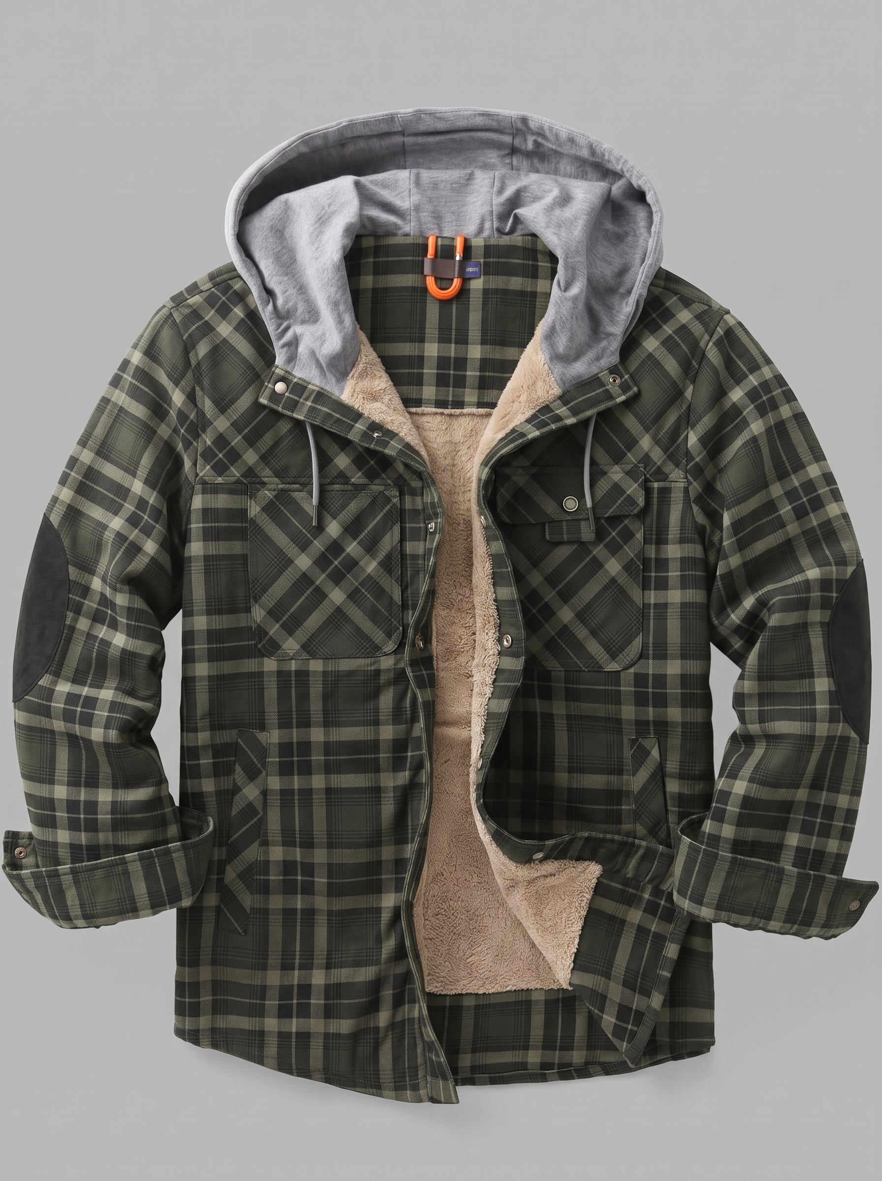 A hooded plaid jacket with a gray hood lining, tan fleece interior, and dark green/olive plaid exterior, shown on a plain gray background.