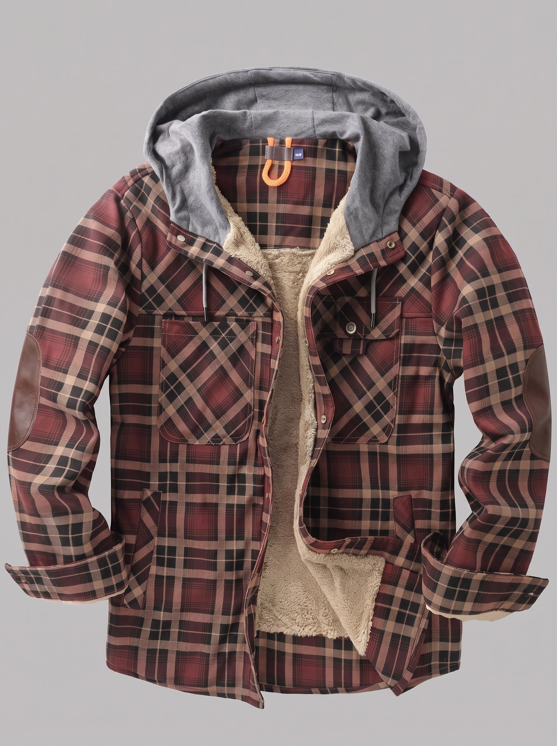 A hooded plaid overshirt jacket with a gray hood lining and a beige sherpa fleece interior, shown against a solid gray background.