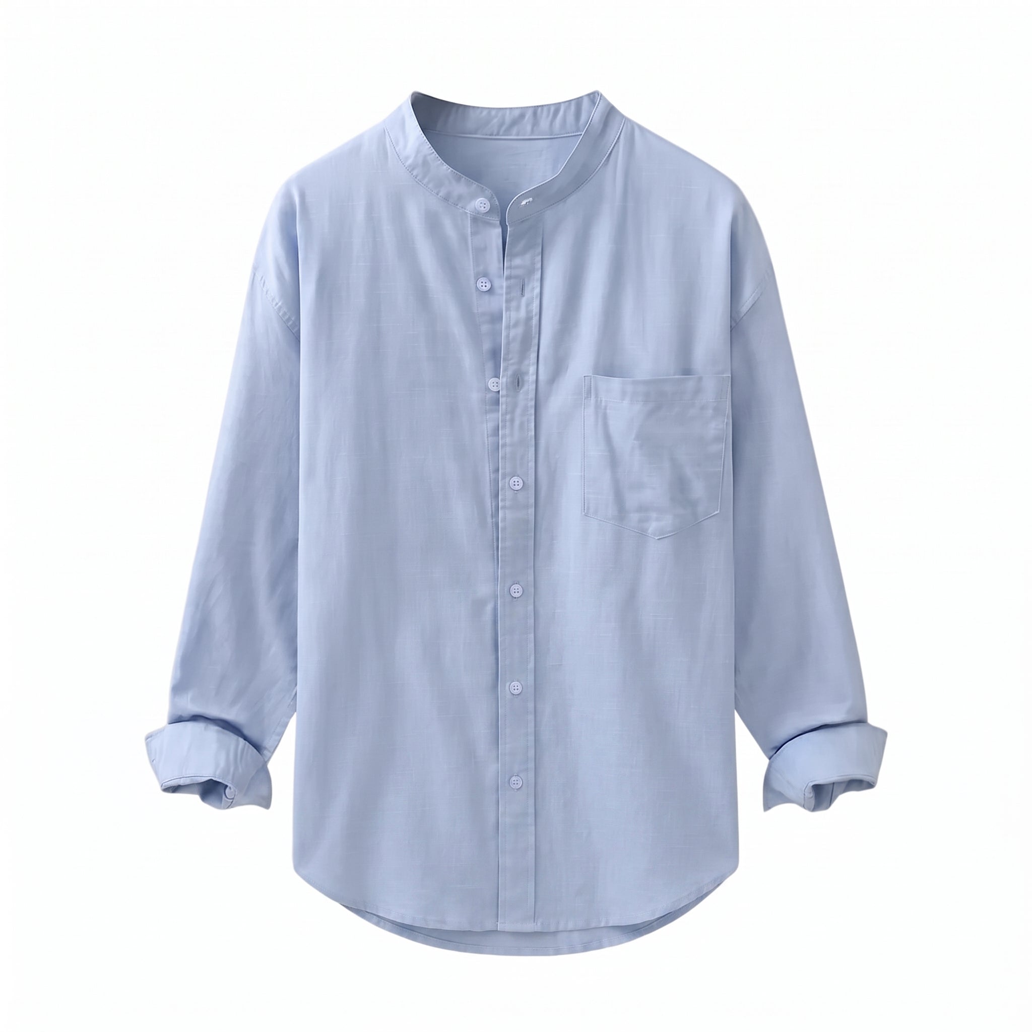 A light blue long-sleeve button-up shirt with a mandarin collar and a chest pocket, shown on a plain white background.
