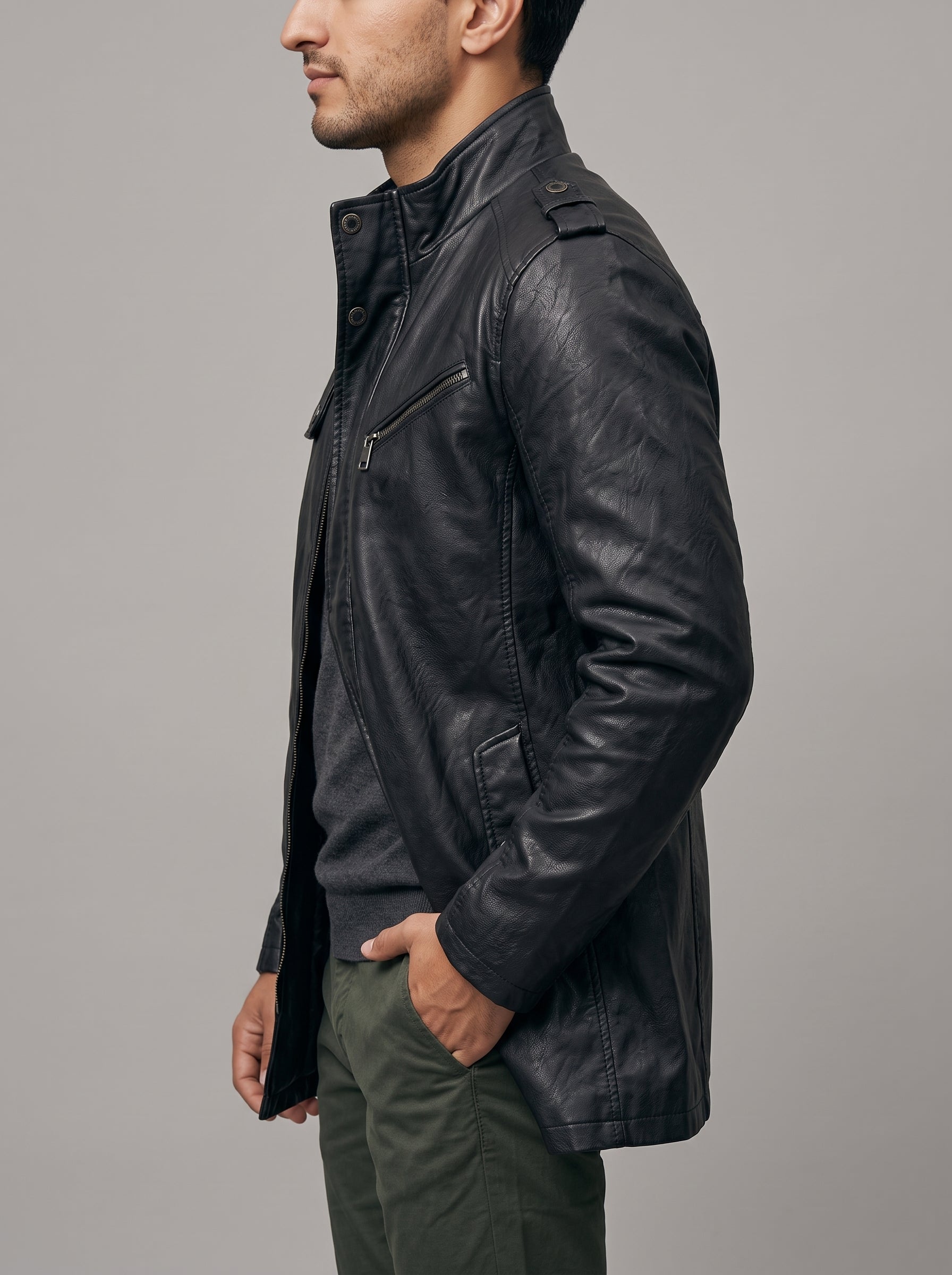 A man shown in profile wearing a black leather jacket over a dark shirt and olive green pants, photographed against a plain gray studio background.