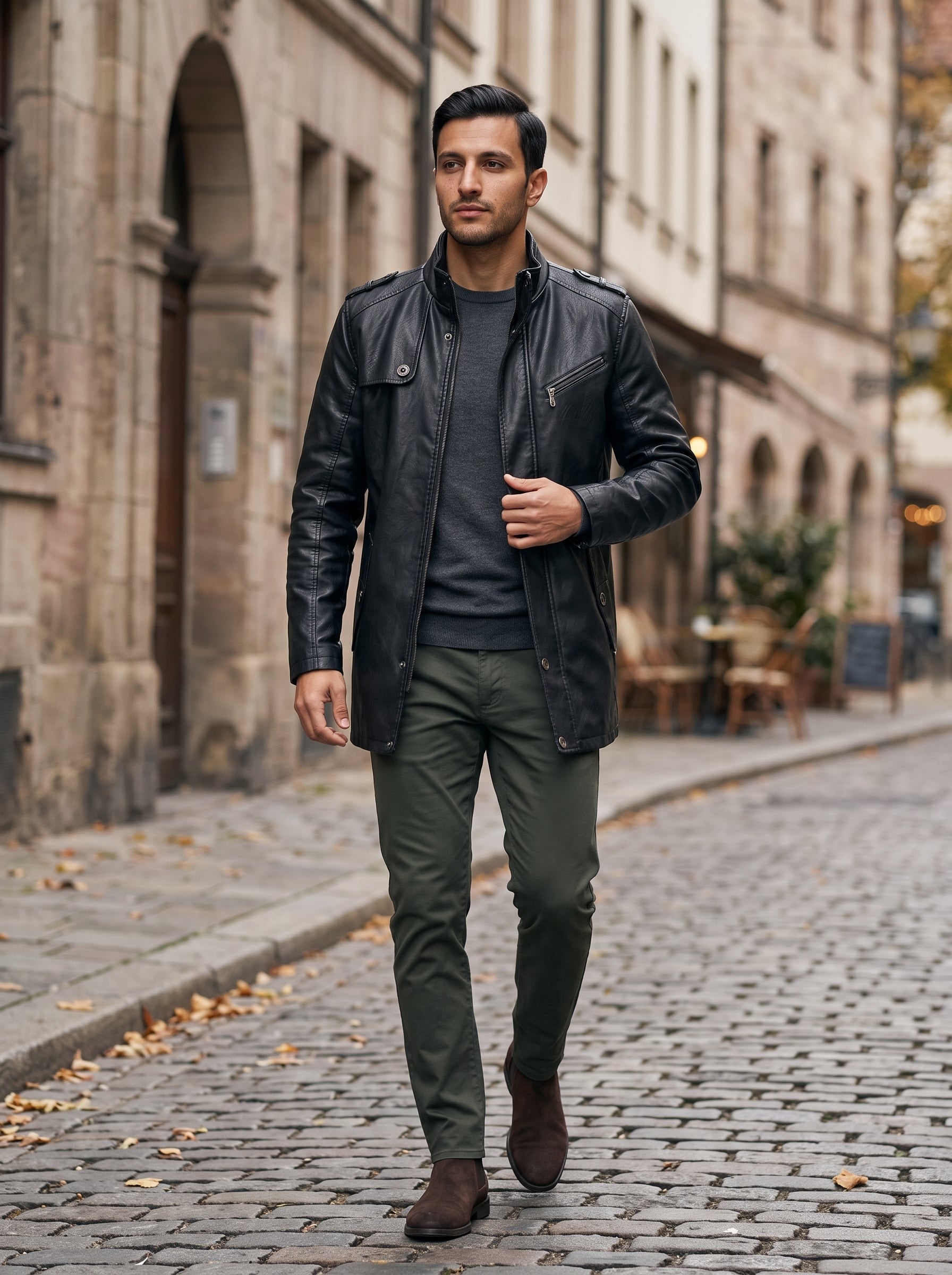 A man walking down a cobblestone street wearing a black leather jacket, dark gray crewneck shirt, olive green pants, and brown boots.