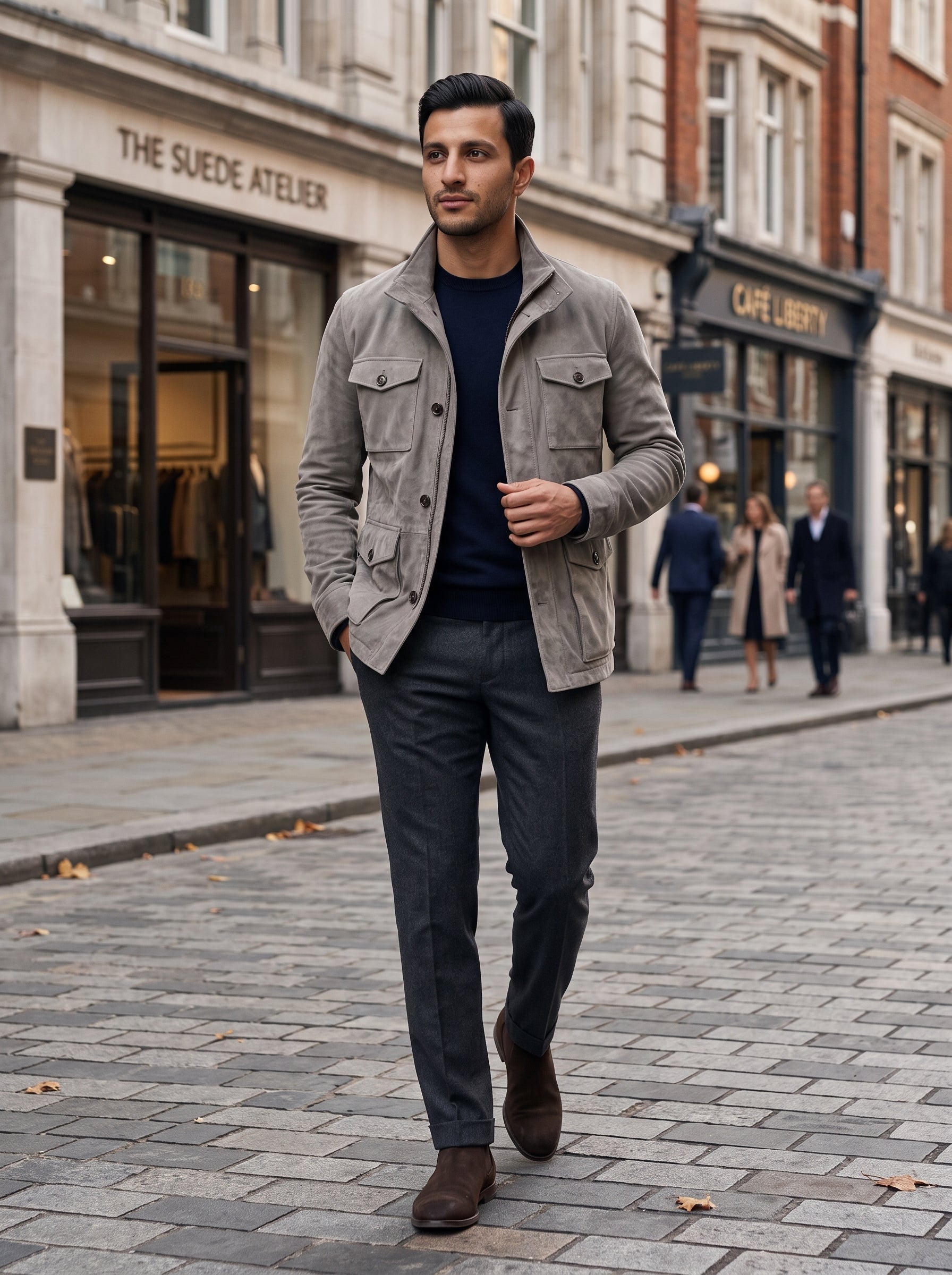 A man walking on a cobblestone street wearing a light gray suede jacket, dark navy crewneck shirt, charcoal gray trousers, and brown leather shoes.