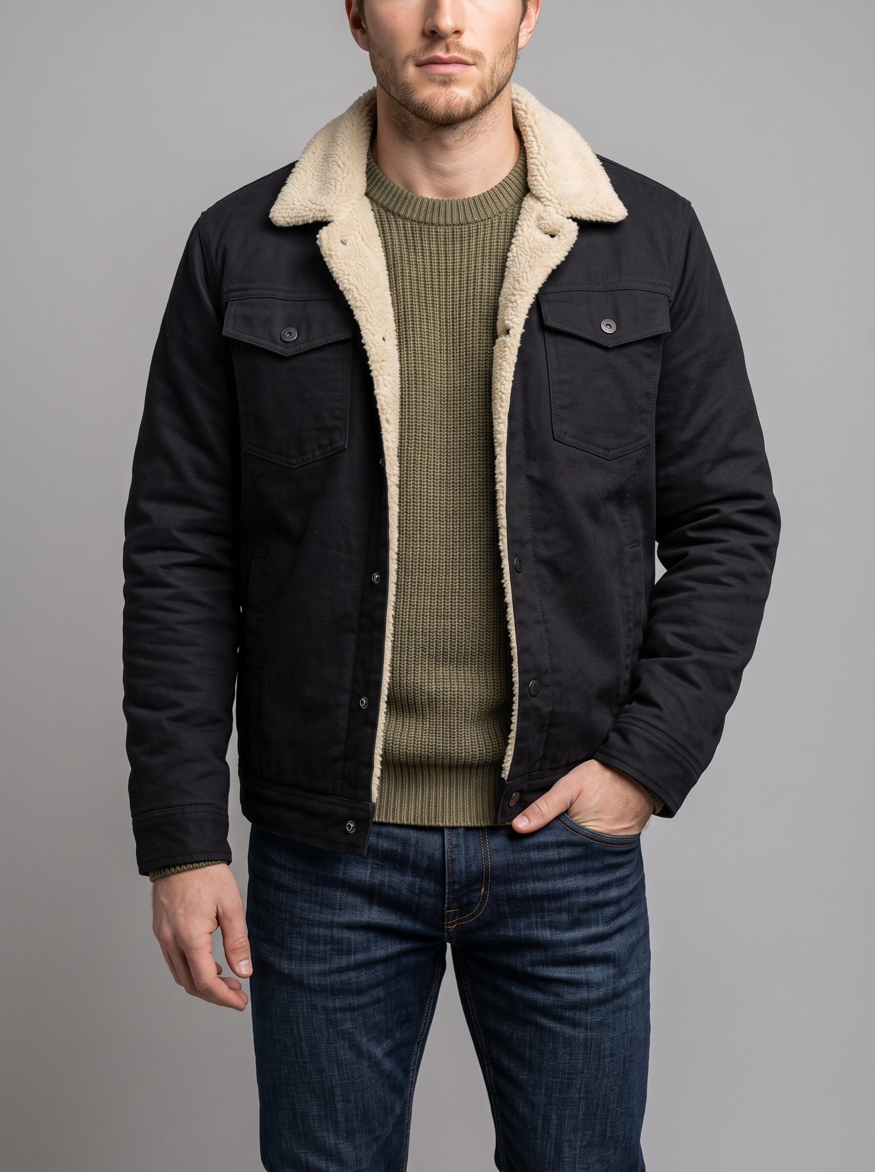 A man wearing a black jacket with a thick cream sherpa collar, layered over an olive green ribbed sweater and blue jeans, photographed against a solid gray studio background.