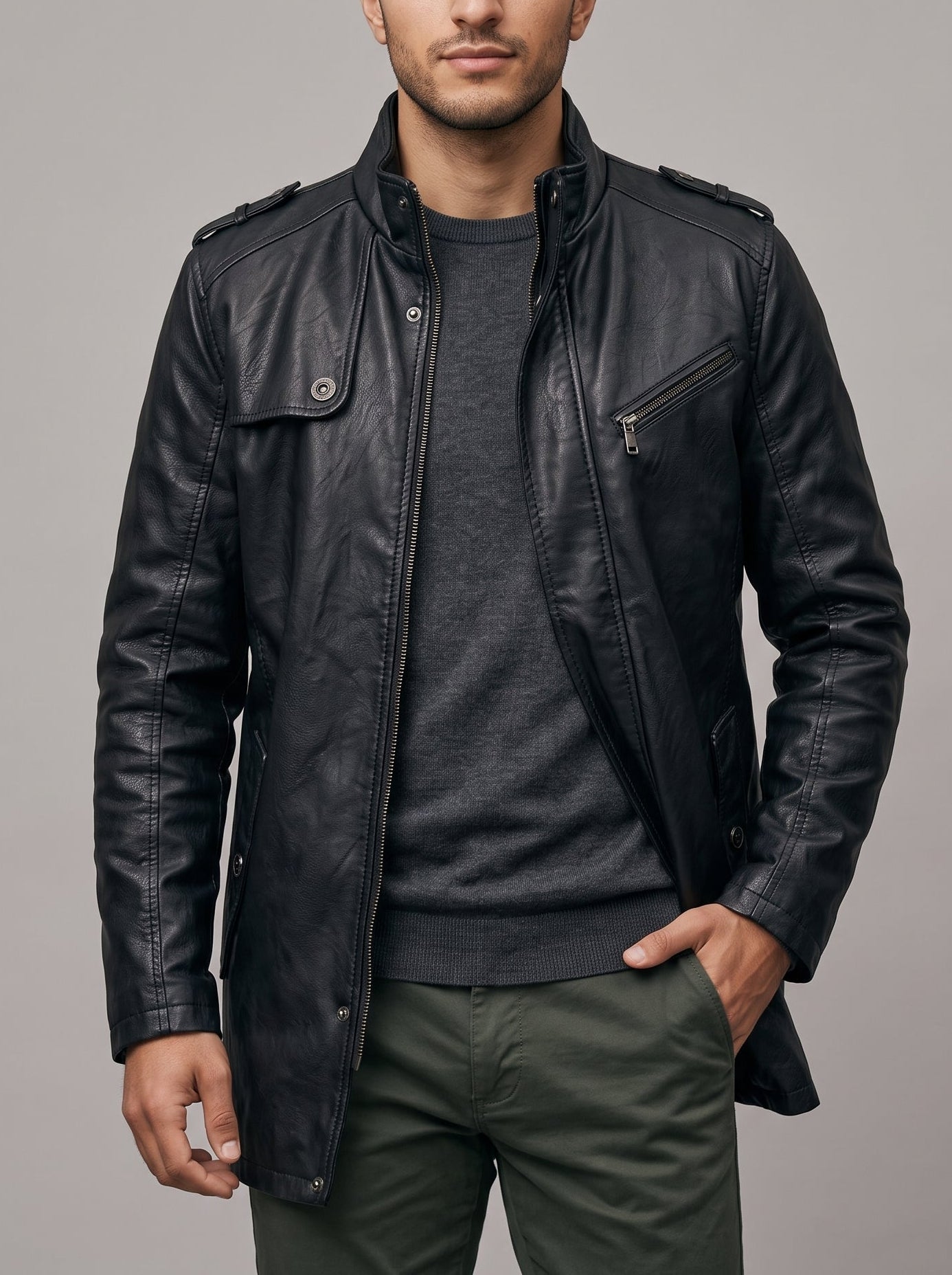 A man wearing a black leather motorcycle jacket over a dark gray crewneck sweater and olive green pants, standing against a solid gray studio background.