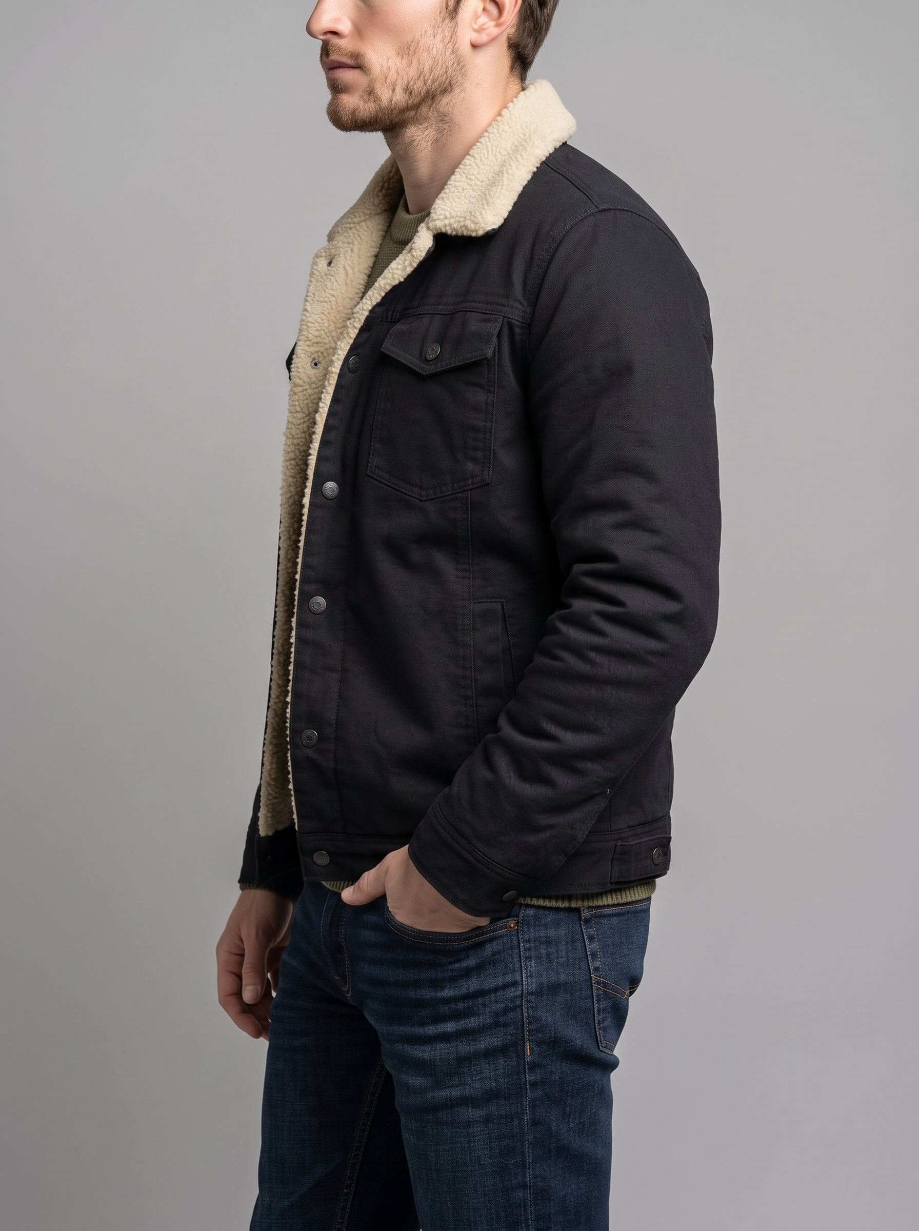 A man wearing a dark navy overshirt jacket with a beige sherpa collar, paired with blue jeans, shown in a side profile against a solid gray background.