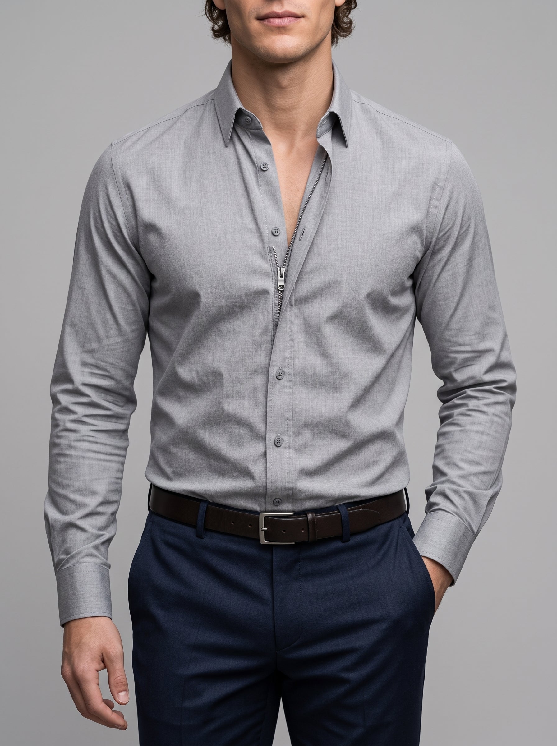 A man wearing a light gray long-sleeve button-down dress shirt, styled with dark navy trousers and a dark brown leather belt, against a solid gray studio background.