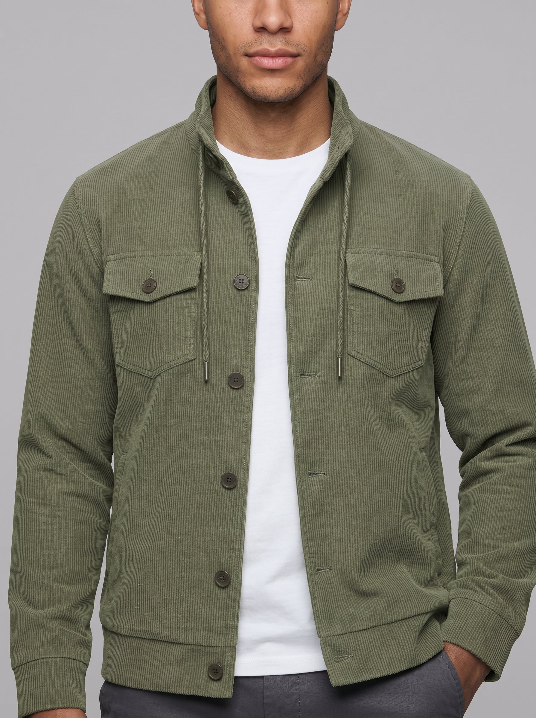 A man wearing an olive green corduroy jacket over a white t-shirt, shown from the chin down against a solid gray background.