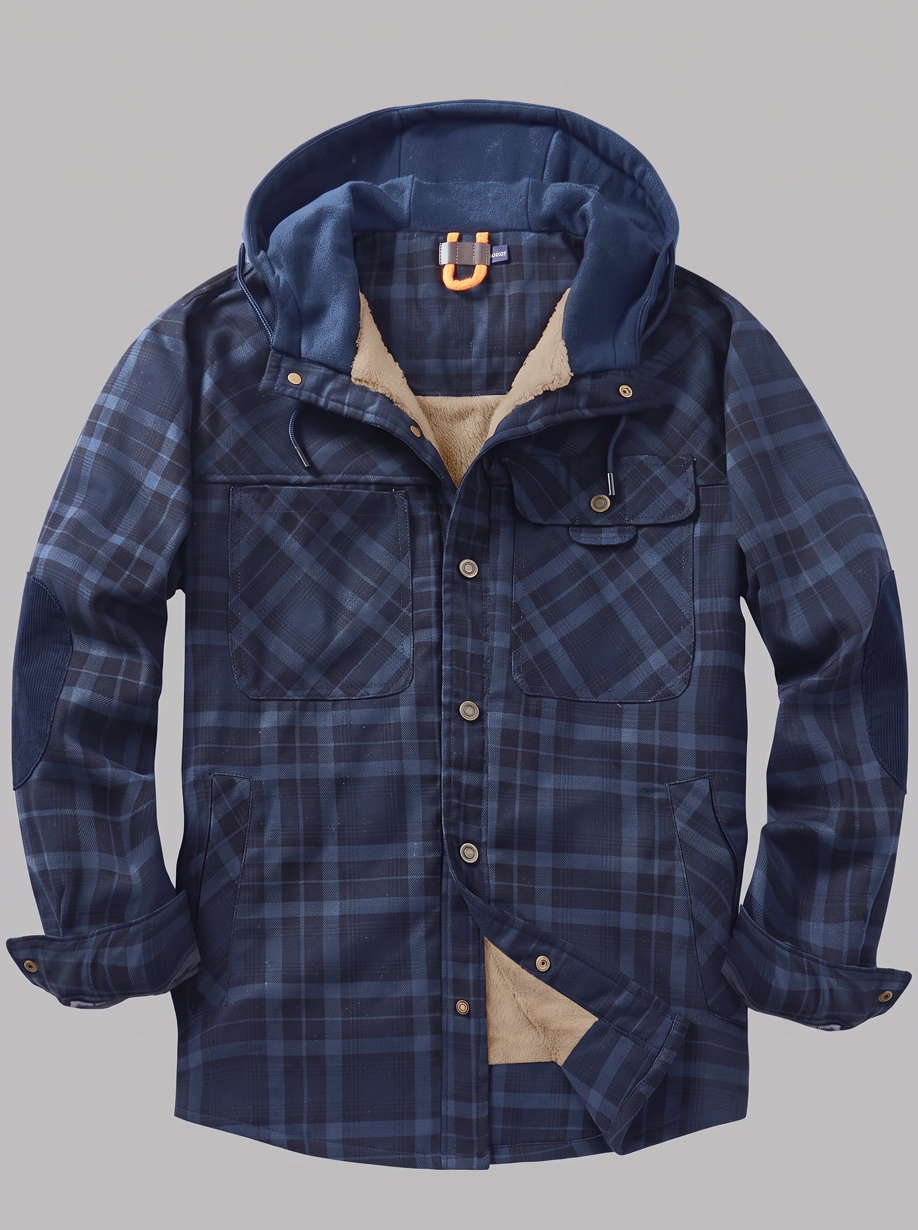 A navy blue hooded plaid overshirt jacket with a beige sherpa lining, displayed on a neutral gray background.