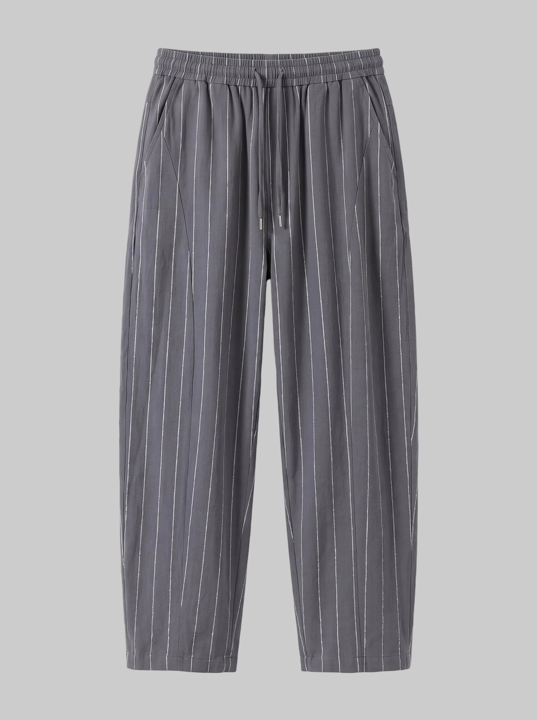 A pair of dark gray pinstriped trousers with an elastic waistband and drawstring, shown flat against a light gray background.