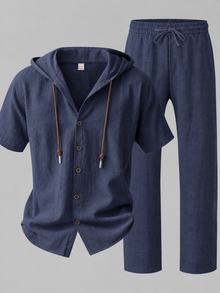Merate Men's Linen Hooded Top and Trousers Set