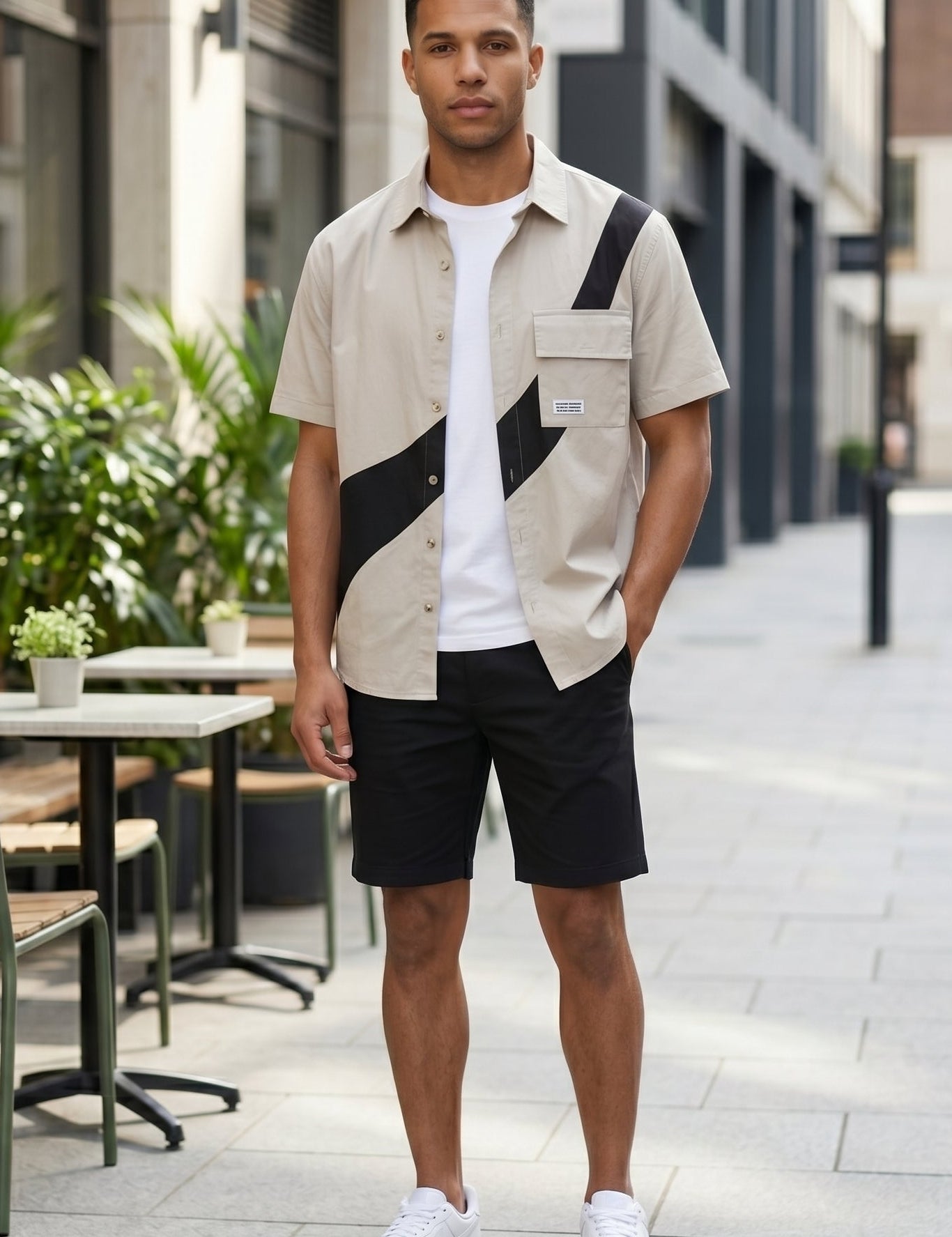 Axis - Charcoal ivory men’s contrast short sleeve buttoned shirt, full outfit hero