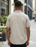 Axis - Charcoal ivory men’s contrast short sleeve buttoned shirt, top back view