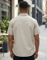 Axis - Charcoal ivory men’s contrast short sleeve buttoned shirt, top back view