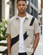 Axis - Charcoal ivory men’s contrast short sleeve buttoned shirt, upper body hero