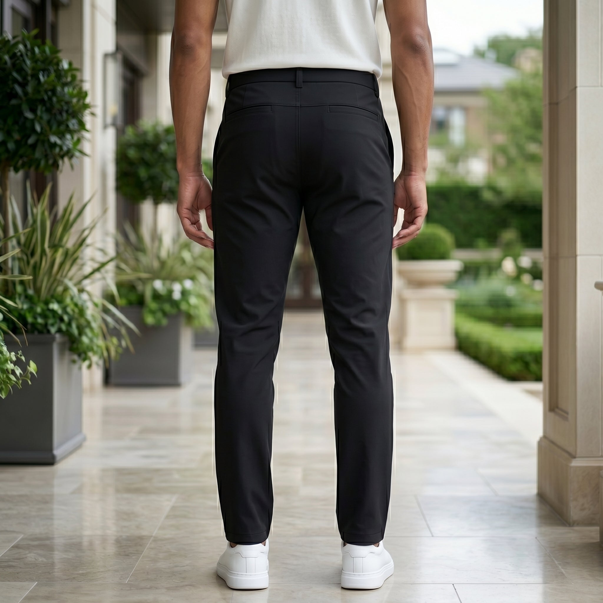 Back view of male model wearing black casual pants with a white short-sleeve polo shirt.