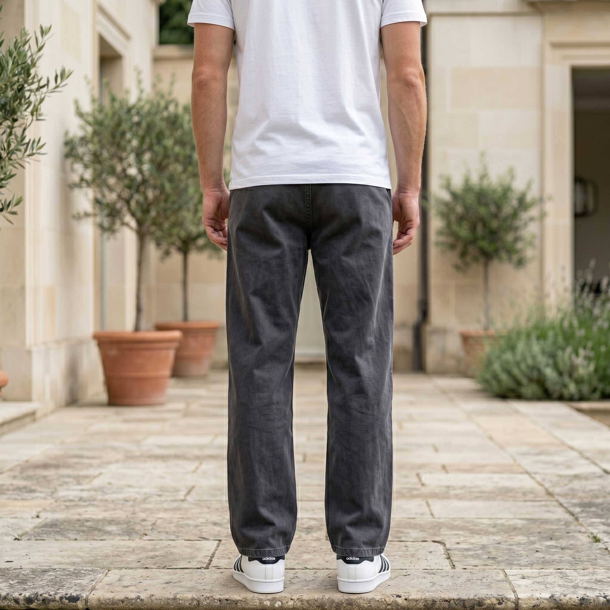 Back view of male model wearing charcoal gray relaxed-fit casual pants with a white T-shirt.