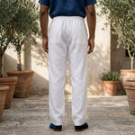 Back view of male model wearing white relaxed-fit pants with a navy short-sleeve button-up shirt.
