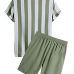 Back view of white and sage green striped shirt with matching sage green shorts on a white background.
