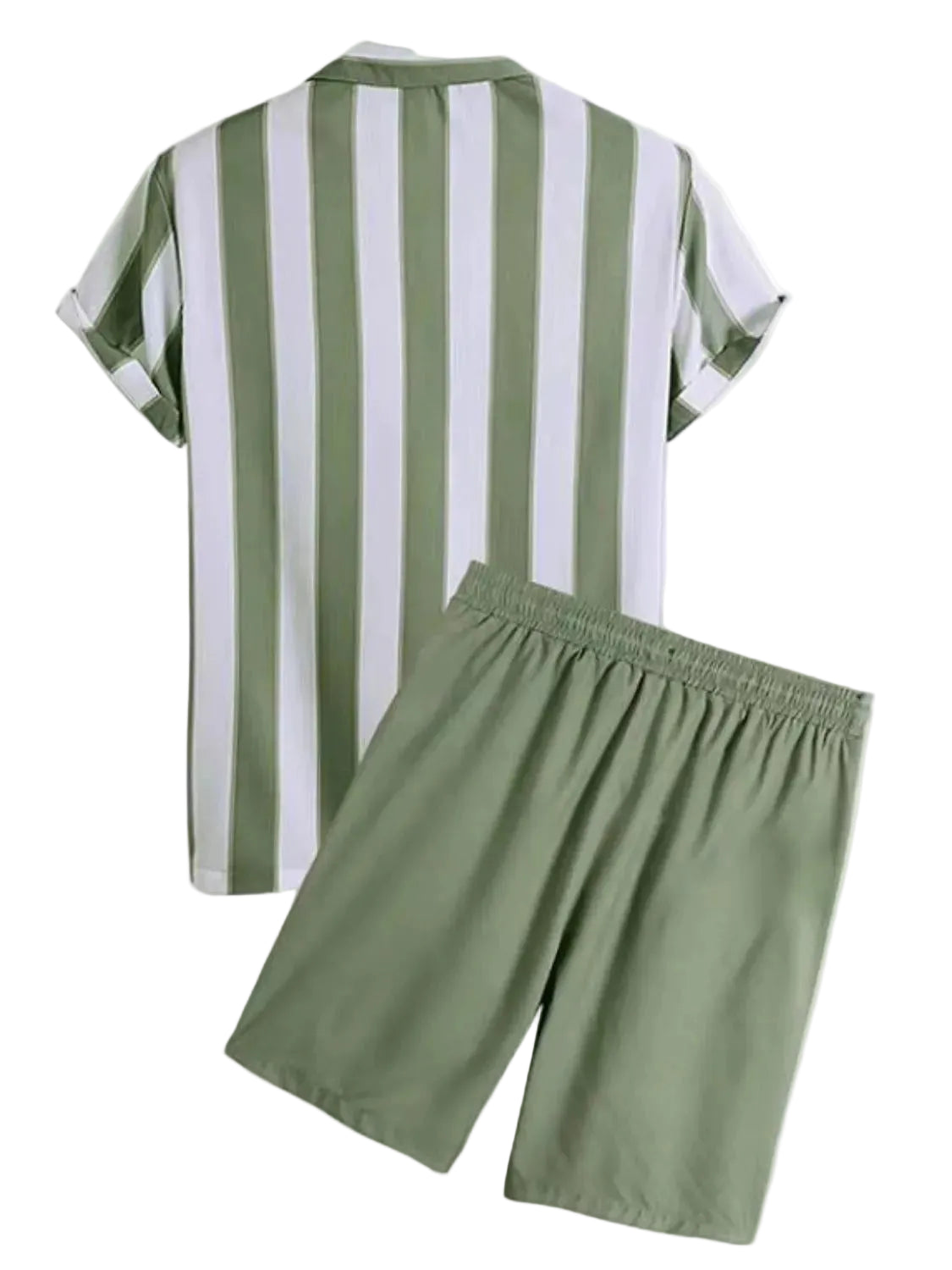 Back view of white and sage green striped shirt with matching sage green shorts on a white background.
