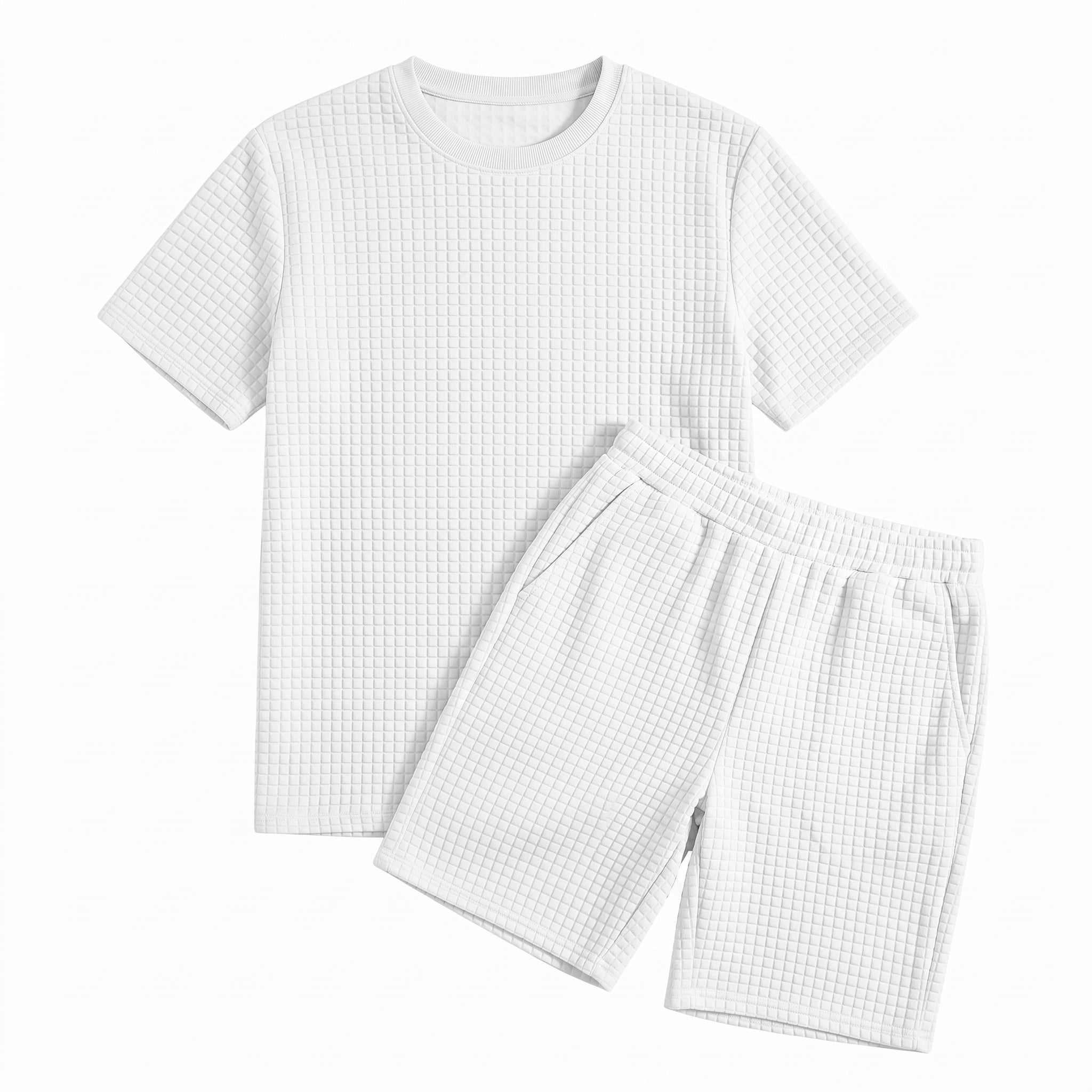 Back view of white textured short-sleeve T-shirt with matching summer shorts on a white background.