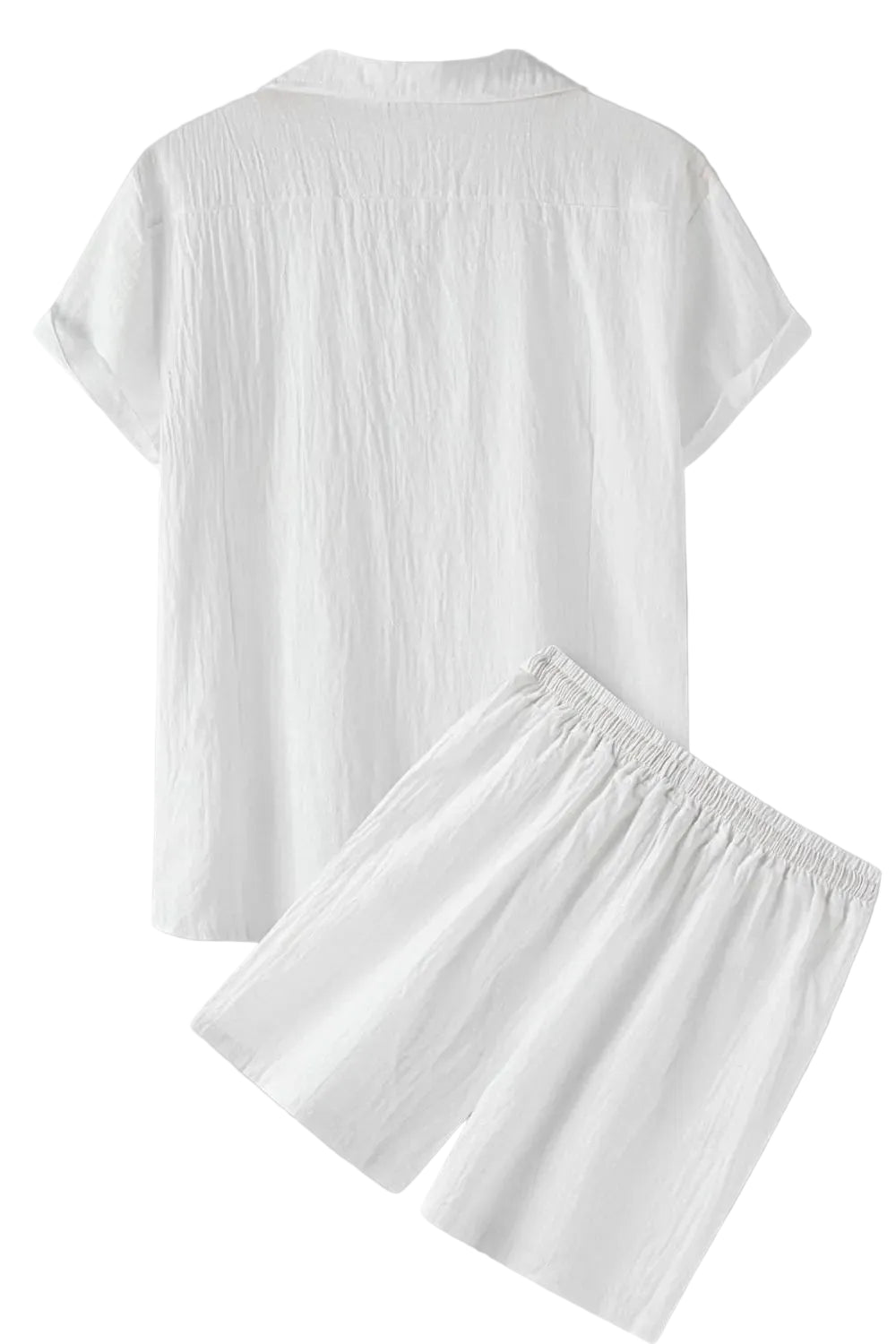Back view of white textured short-sleeve shirt with matching drawstring summer shorts on a white background.