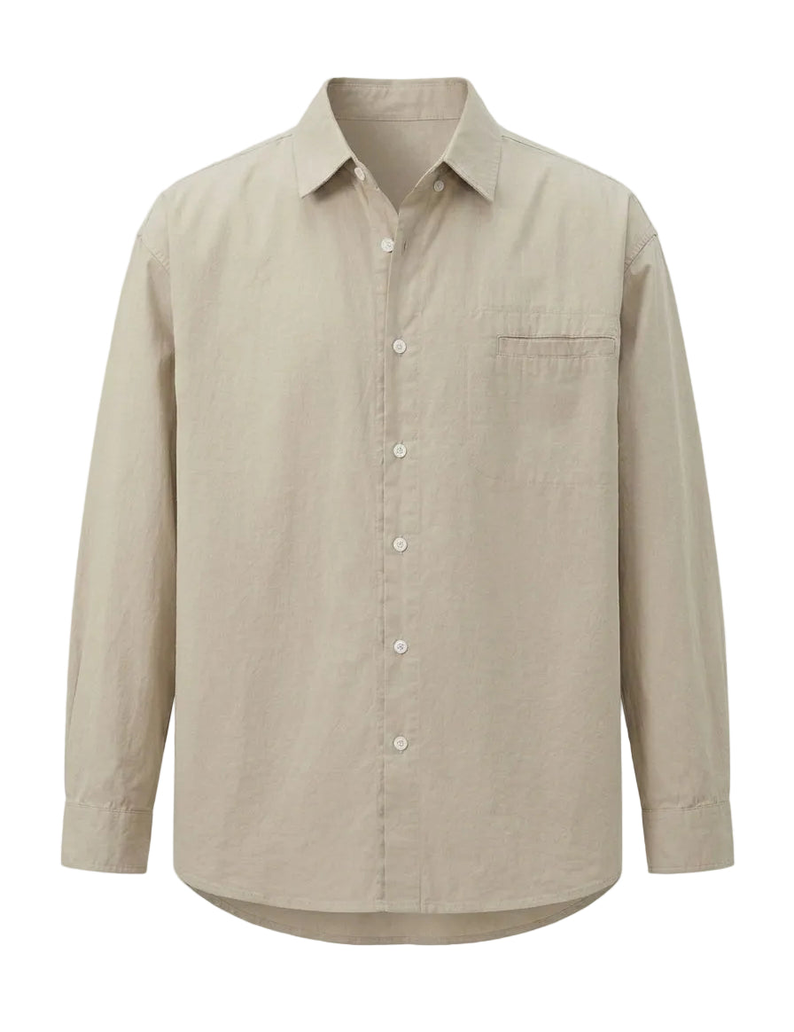 Beige button-up shirt on a light gray background
