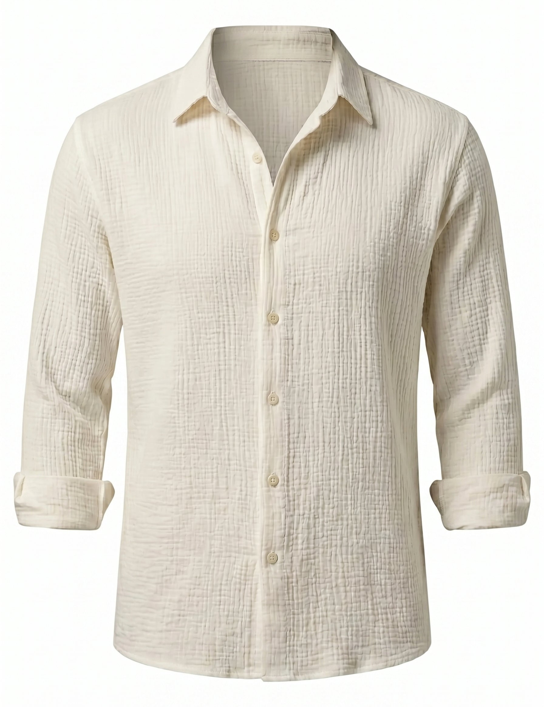 Beige button-up shirt with a subtle pattern on a white background