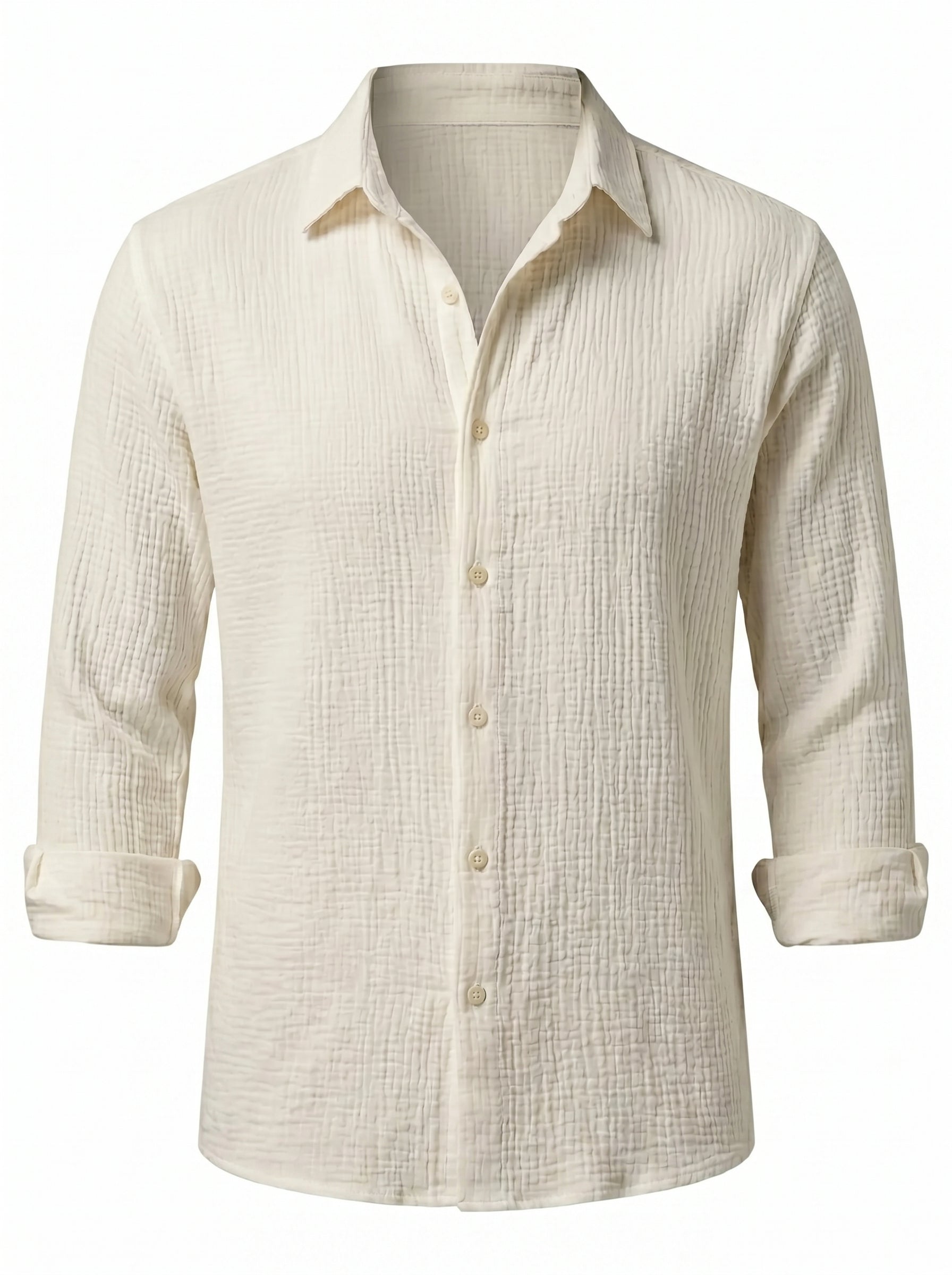 Beige button-up shirt with a subtle pattern on a white background