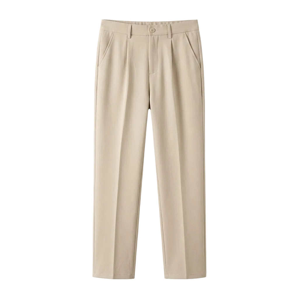Beige men’s pleated pocketed trousers with clean tailored front