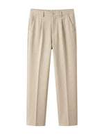 Beige men’s pleated pocketed trousers with clean tailored front