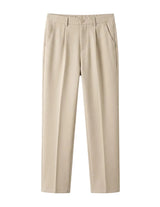Beige men’s pleated pocketed trousers with clean tailored front