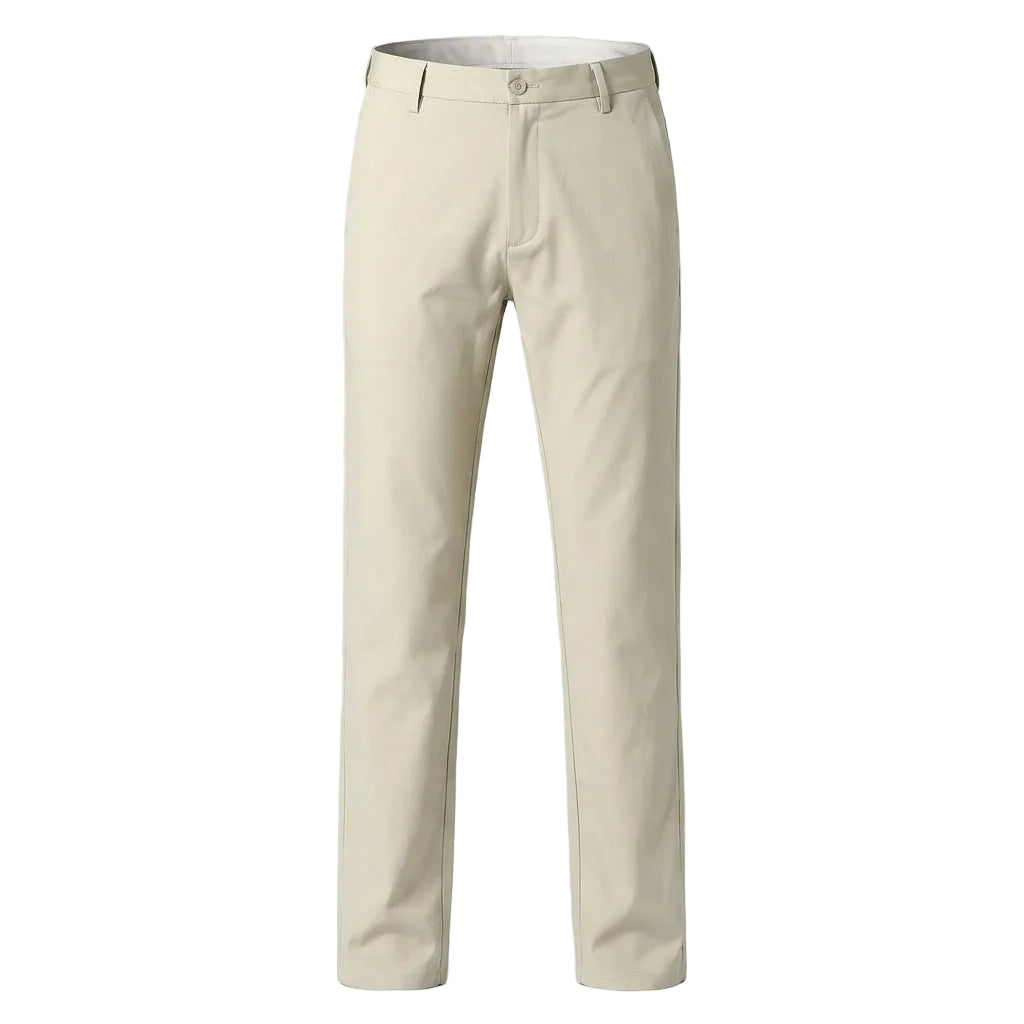 Beige men’s straight-leg trousers with side pockets
