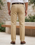 Beige men’s straight fit trousers with button waistband back view