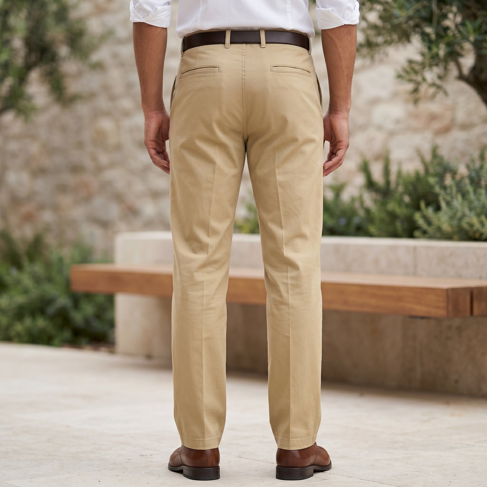 Beige men’s straight fit trousers with button waistband back view
