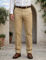 Beige men’s straight fit trousers with button waistband bottom
