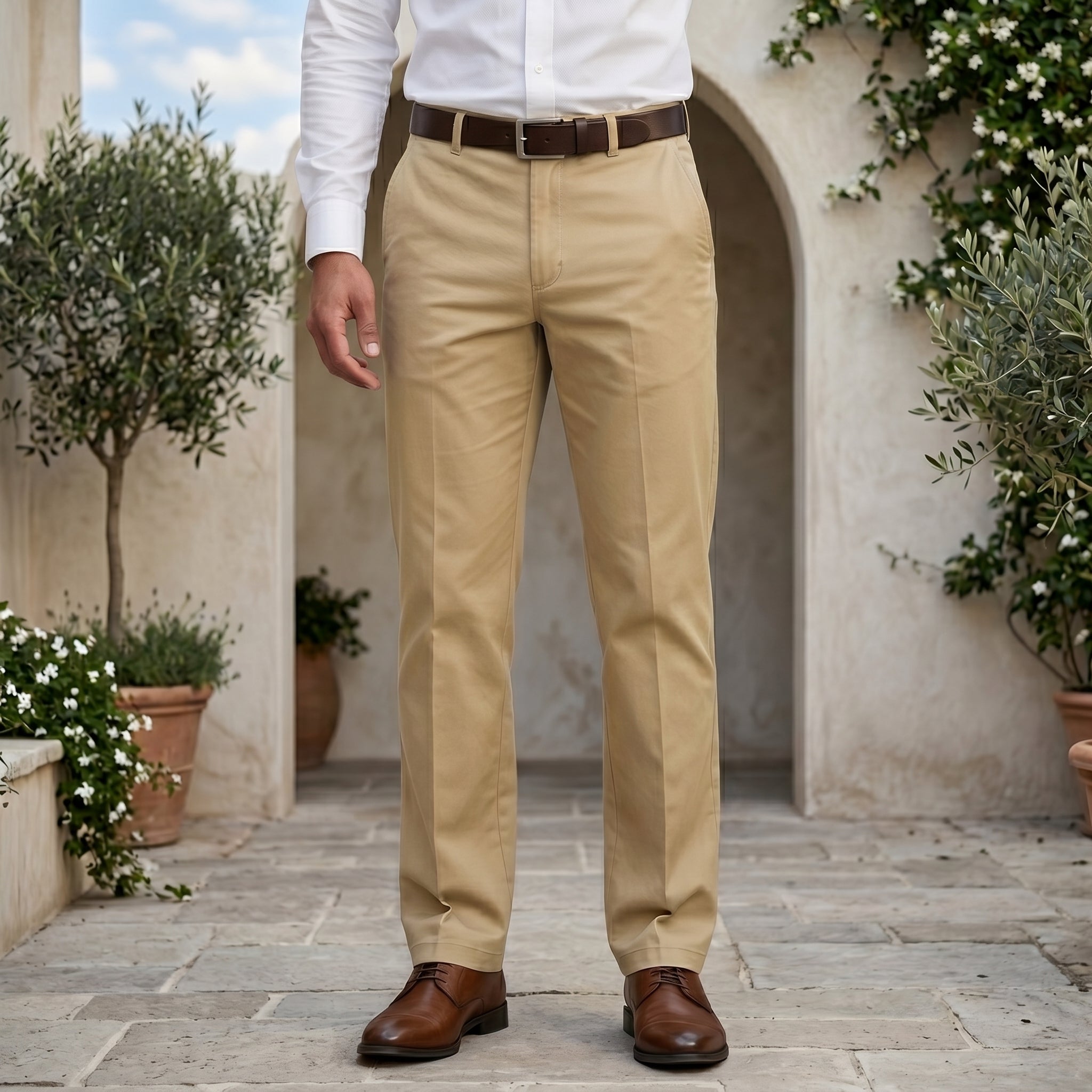 Beige men’s straight fit trousers with button waistband bottom
